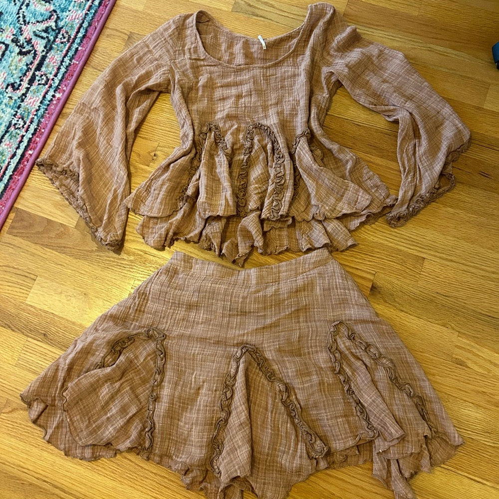 Free People Brown Ruffled Two-Piece Set